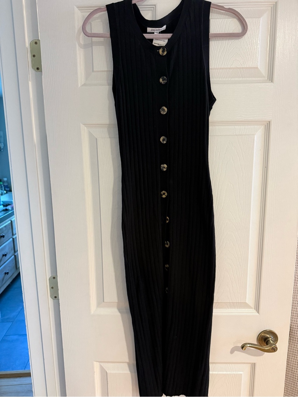 Good American Black Ribbed Button-Front Midi Dress s/m